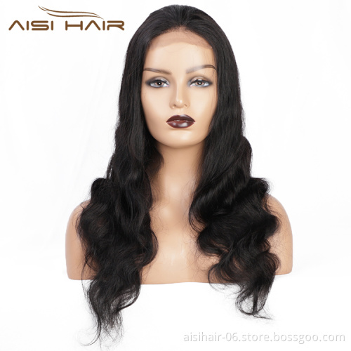 Aisi Hair Top Quality 22 Inch Long Wavy Natural Black Wig Body Wave Swiss Lace Wig Synthetic Hair Lace Front Wigs For Women